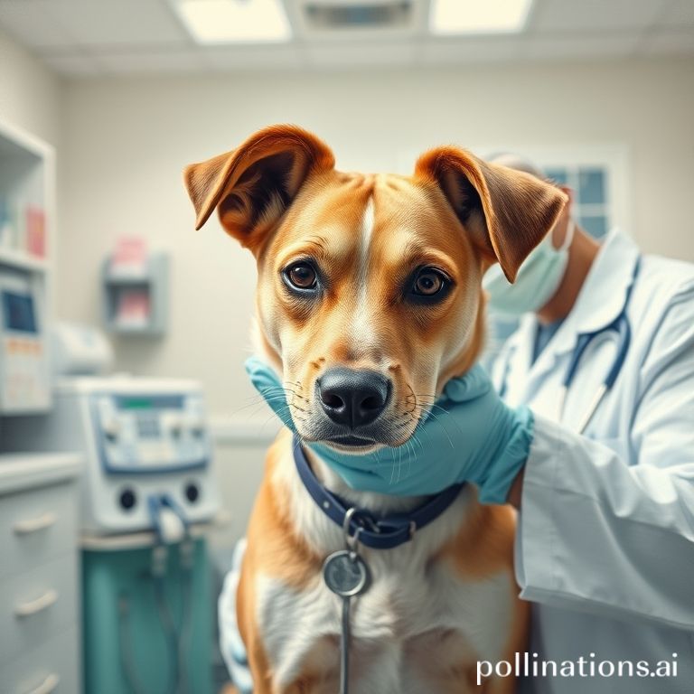 proven - Veterinarian giving a dog a check-up in a bright, friendly clinic, focusing on allergy testing equipment, the dog is
