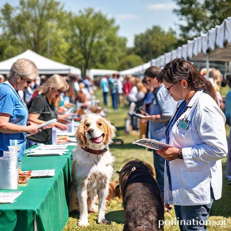 proven - Community dog health fair event outdoors with educational booths, veterinarians consulting with pet owners, pamphlet