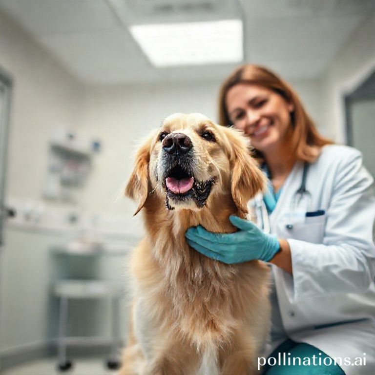 proven - veterinarian examining a friendly golden retriever in a well-lit clinic, the dog appears relaxed and at ease, highli